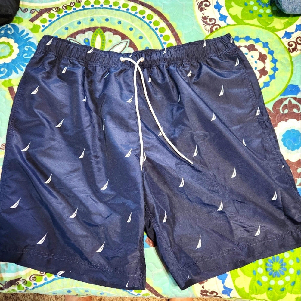 Nautica Navy Blue Swim Shorts with Sailboat Print - Picture 1 of 9